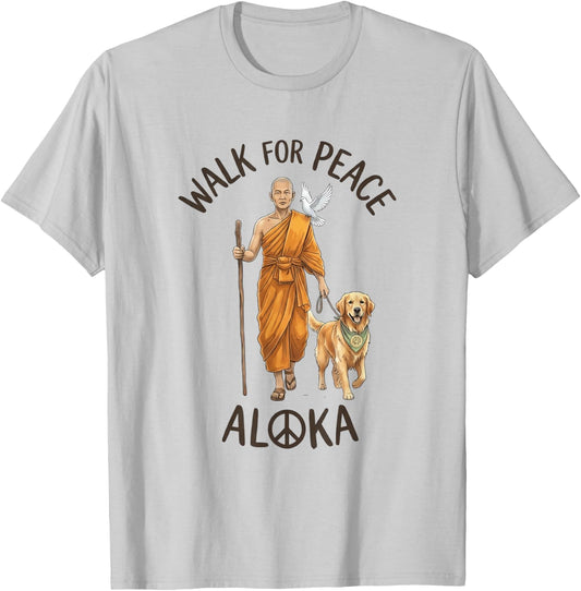 Buddhist Monk Walk for Peace Aloka Line Art Dove Dog T-Shirt - T-Shirt | Ash