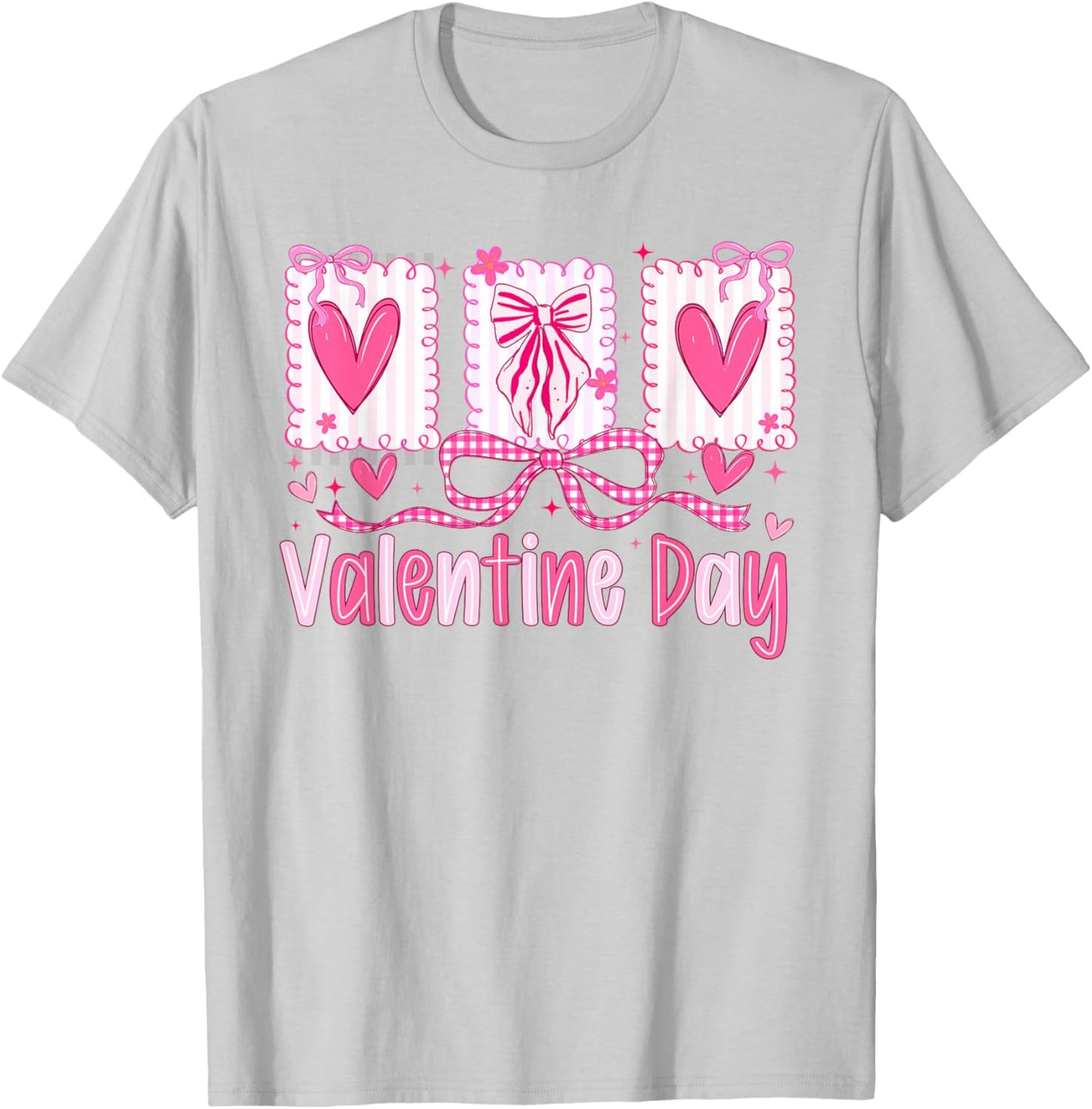 Valentines Day Preppy Hearts Coquette Bow Women Girls T-Shirt - T-Shirt | Ash