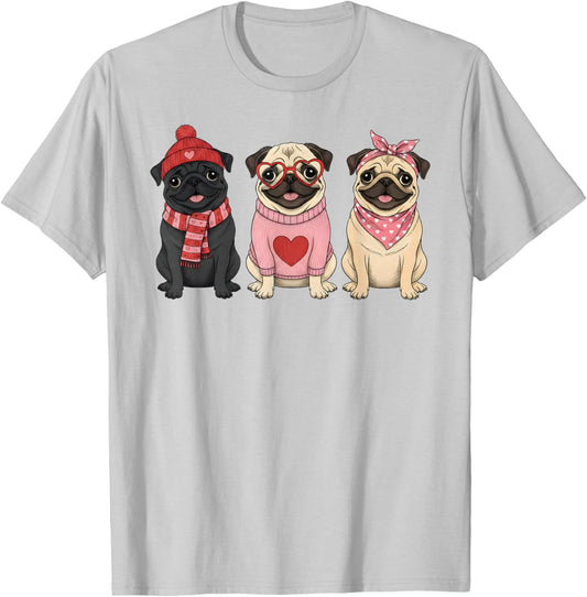 Cute Pug Valentine Dog T-Shirt - T-Shirt | Ash