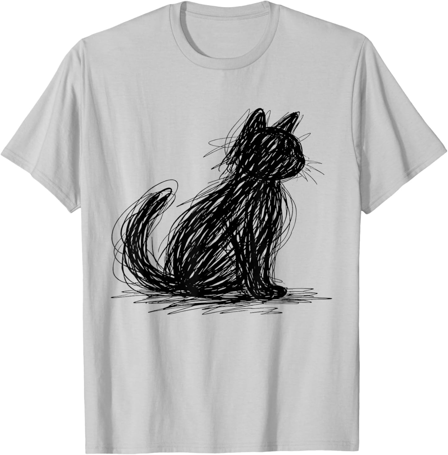Scribble Cat Minimal Line Art Japanese T-Shirt - T-Shirt | Ash