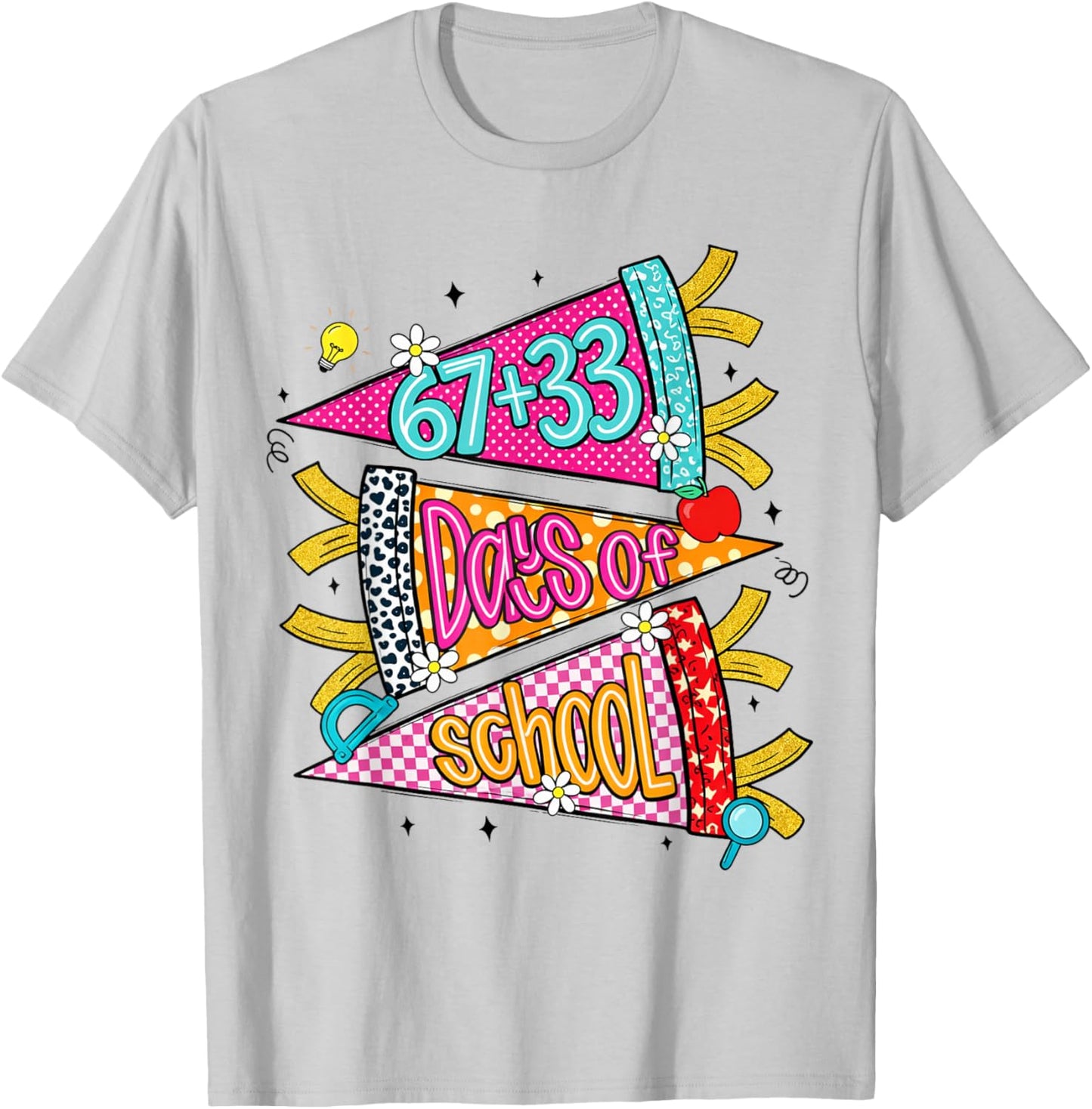 Preppy 67+33 Days of School Cheer 100 Days Teachers T-Shirt - T-Shirt | Ash