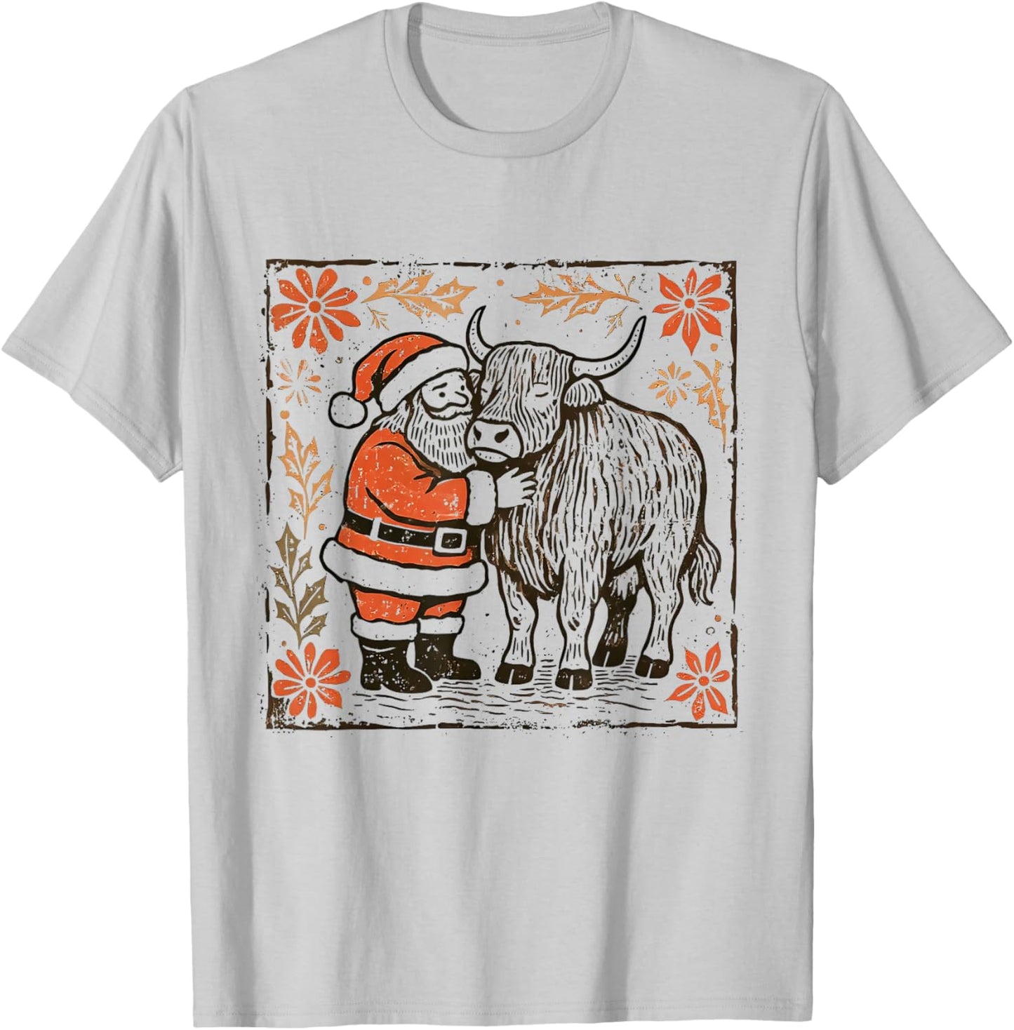 Boho Floral Western Christmas Santa Claus Highland Cow Xmas T-Shirt - T-Shirt | Ash