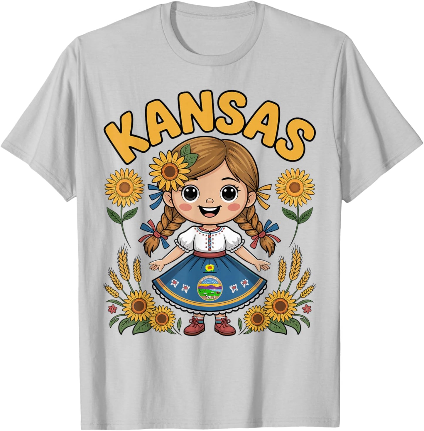 Cute Kansas Girl with Sunflowers and Flag Dress for Kids T-Shirt - T-Shirt | Ash