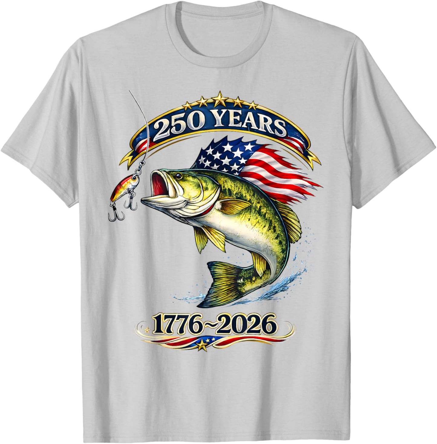 Patriotic Bass Fish and Flag 250 Years Fishing T-Shirt - T-Shirt | Ash