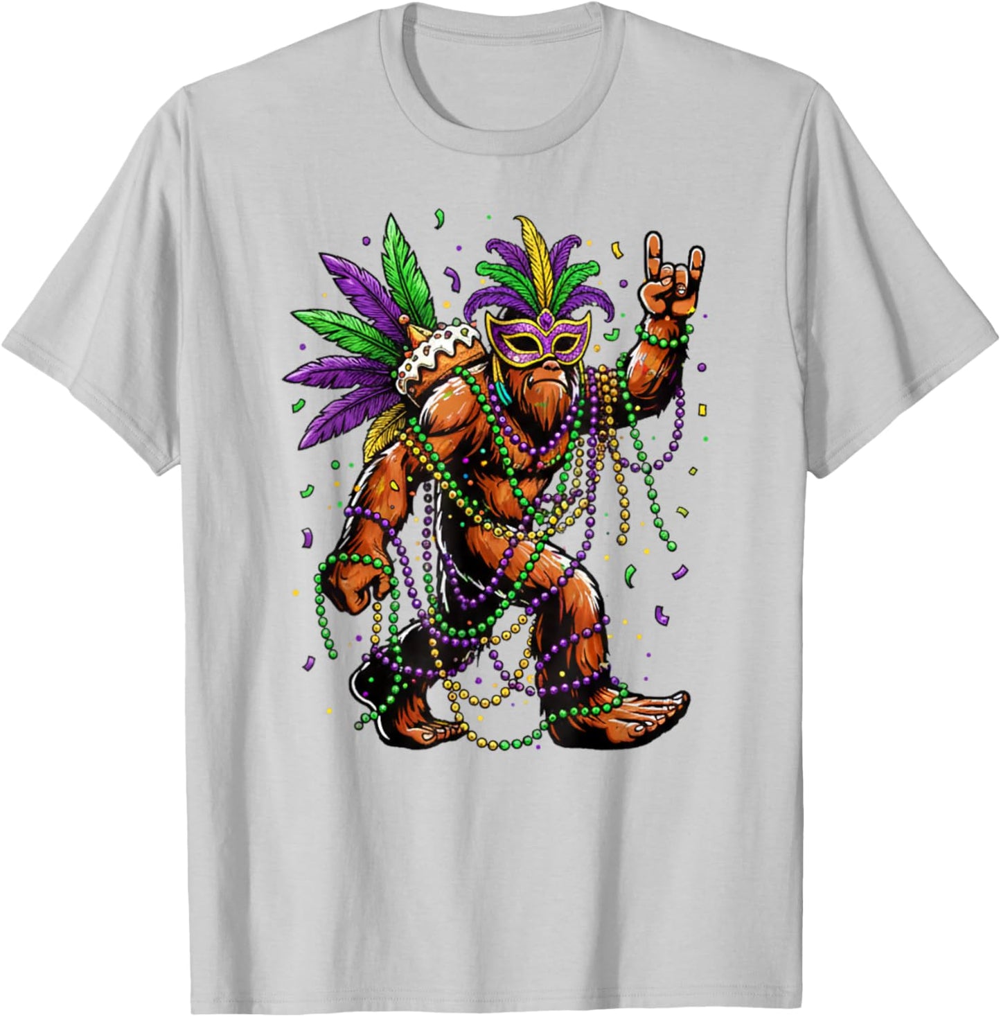 Mardi Gras Bigfoot Beads Necklace King Cake Mask Feathers T-Shirt - T-Shirt | Ash