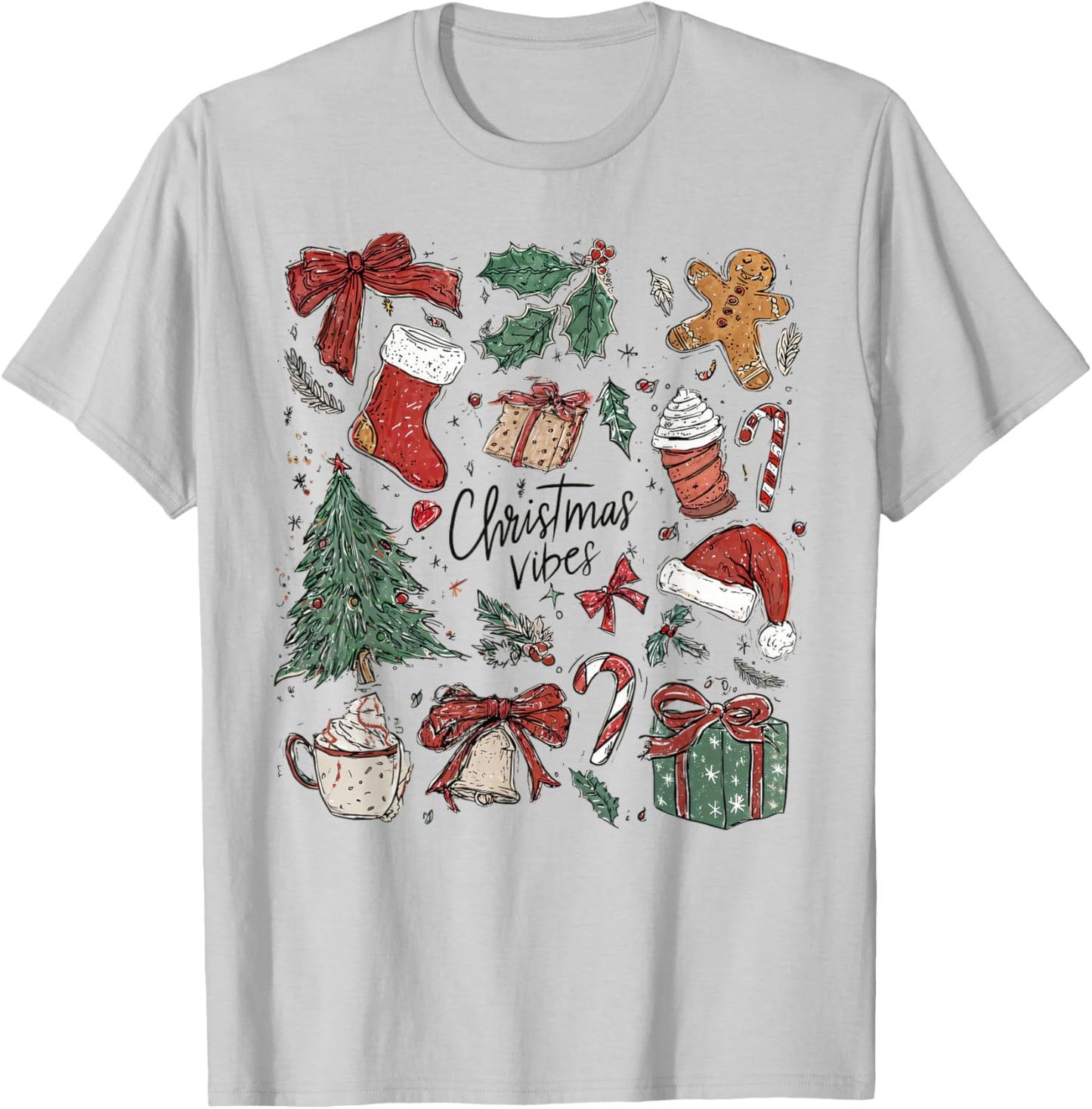 Christmas Vibes Xmas Tree Hot Chocolate Coquette Bow Santa T-Shirt - T-Shirt | Ash