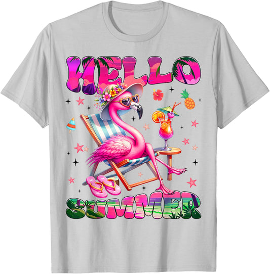 Hello Summer Flamingo Funny Tropical Beach Men Women T-Shirt - T-Shirt | Ash