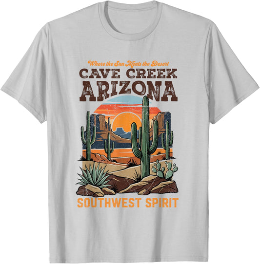 Cave Creek, AZ Southwest Desert Retro Landscape Design T-Shirt - T-Shirt | Ash