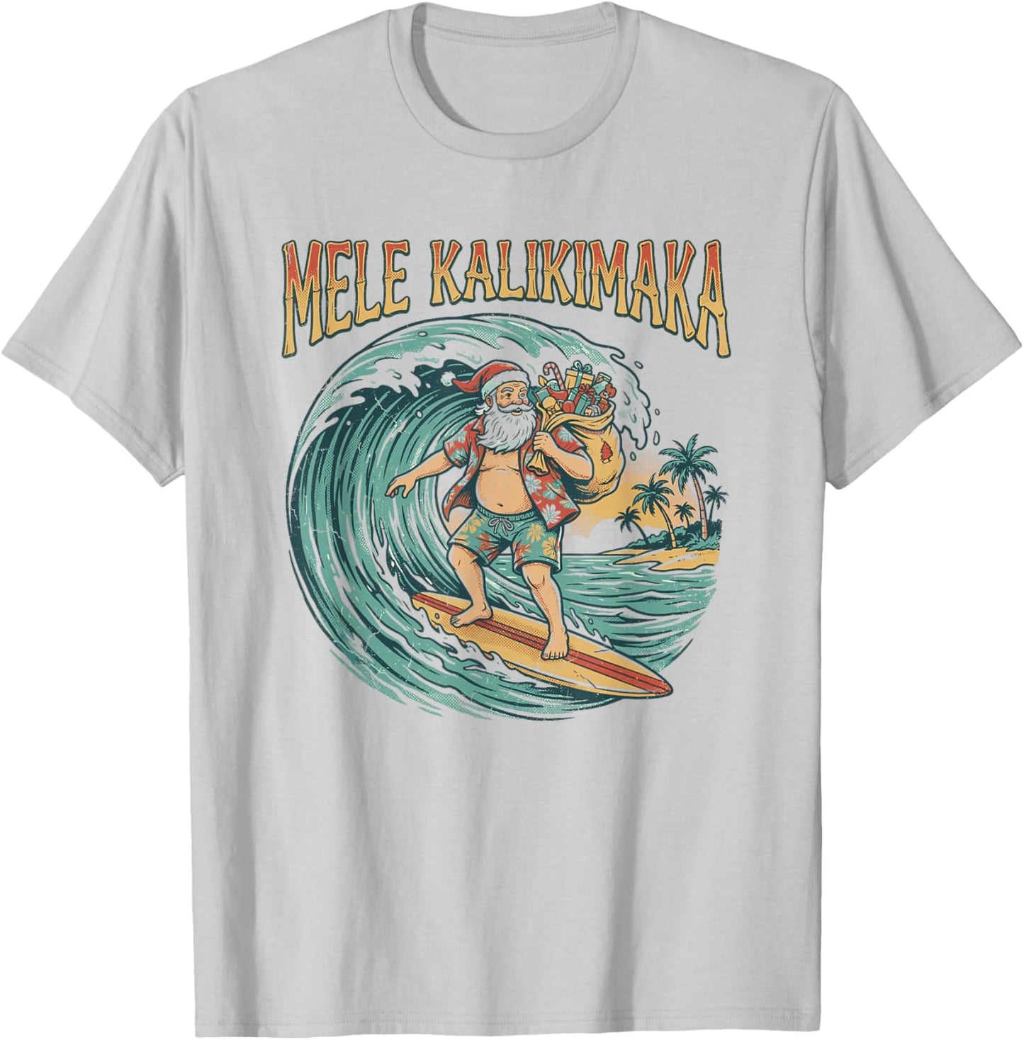 Mele Kalikimaka Hawaiian Christmas Surfing Santa T-Shirt - T-Shirt | Ash