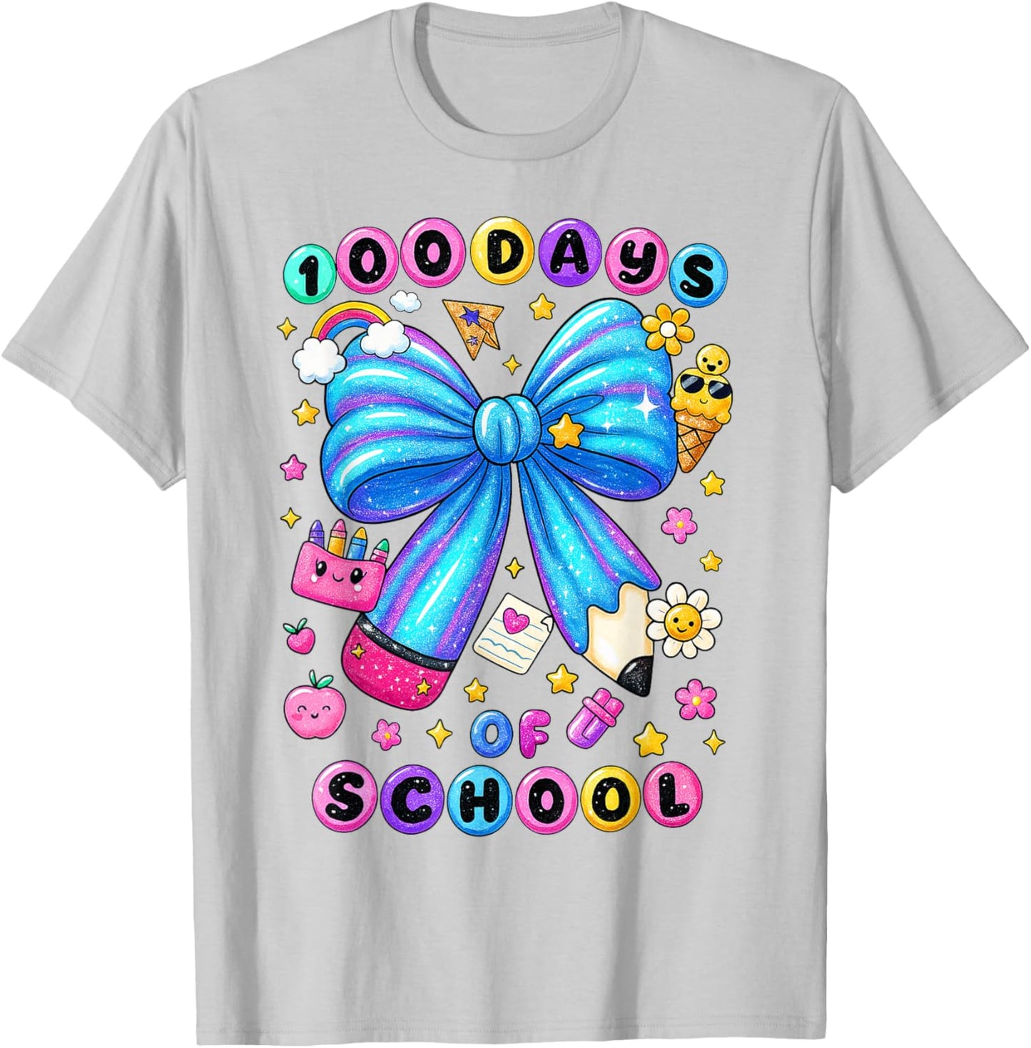 100 Days of School Bow Pencil Preppy Teacher Girl Kid T-Shirt - T-Shirt | Ash