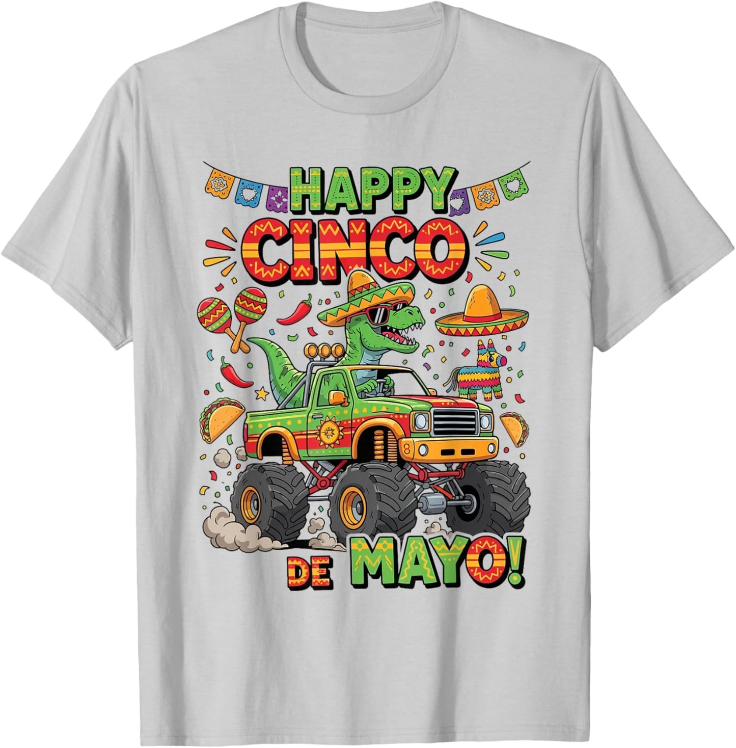 Happy Cinco De Mayo TRex Monster Truck Sombrero Dino Kids T-Shirt - T-Shirt | Ash