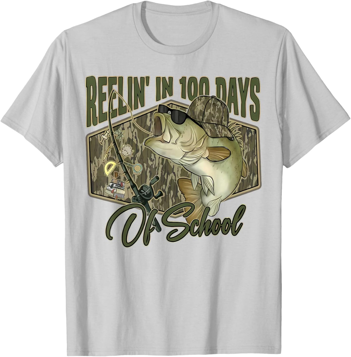 Retro Reelin’ in 100 Days of School Camo Bass Fishing Boys T-Shirt - T-Shirt | Ash