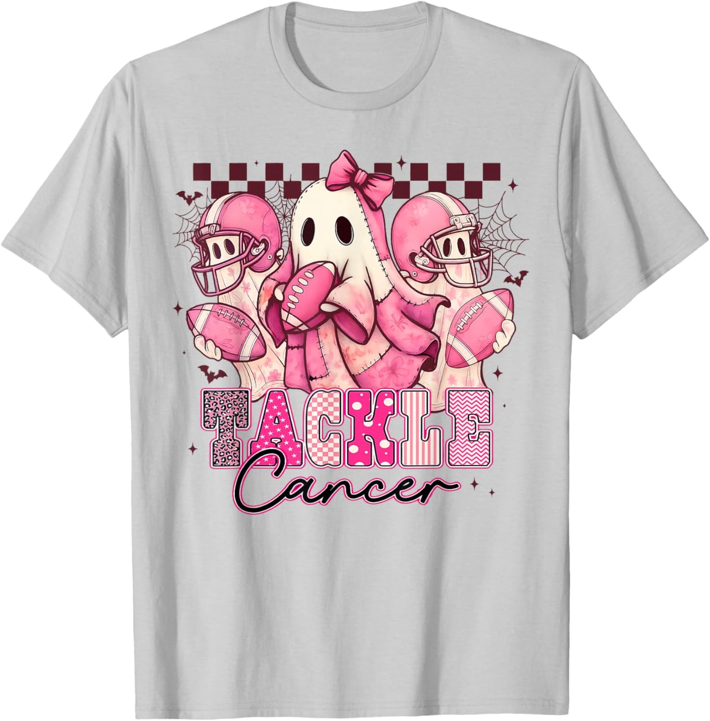 Pink Out Tackle Breast Cancer Awareness Football Ghost T-Shirt - T-Shirt | Ash