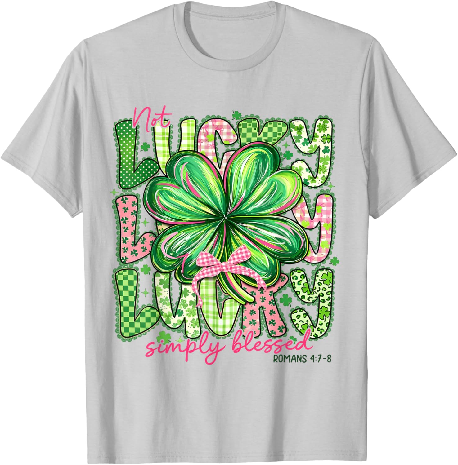 Not Lucky Simply Blessed Patrick's Day Shamrock Coquette Bow T-Shirt - T-Shirt | Ash