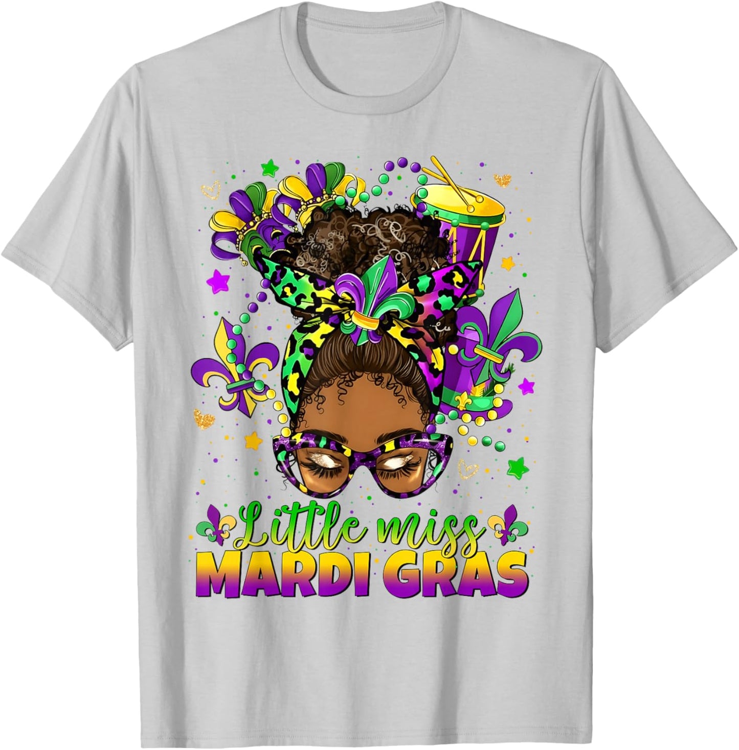 Little Miss Mardi Gras Afro Messy Bun Girl Women Kid T-Shirt - T-Shirt | Ash