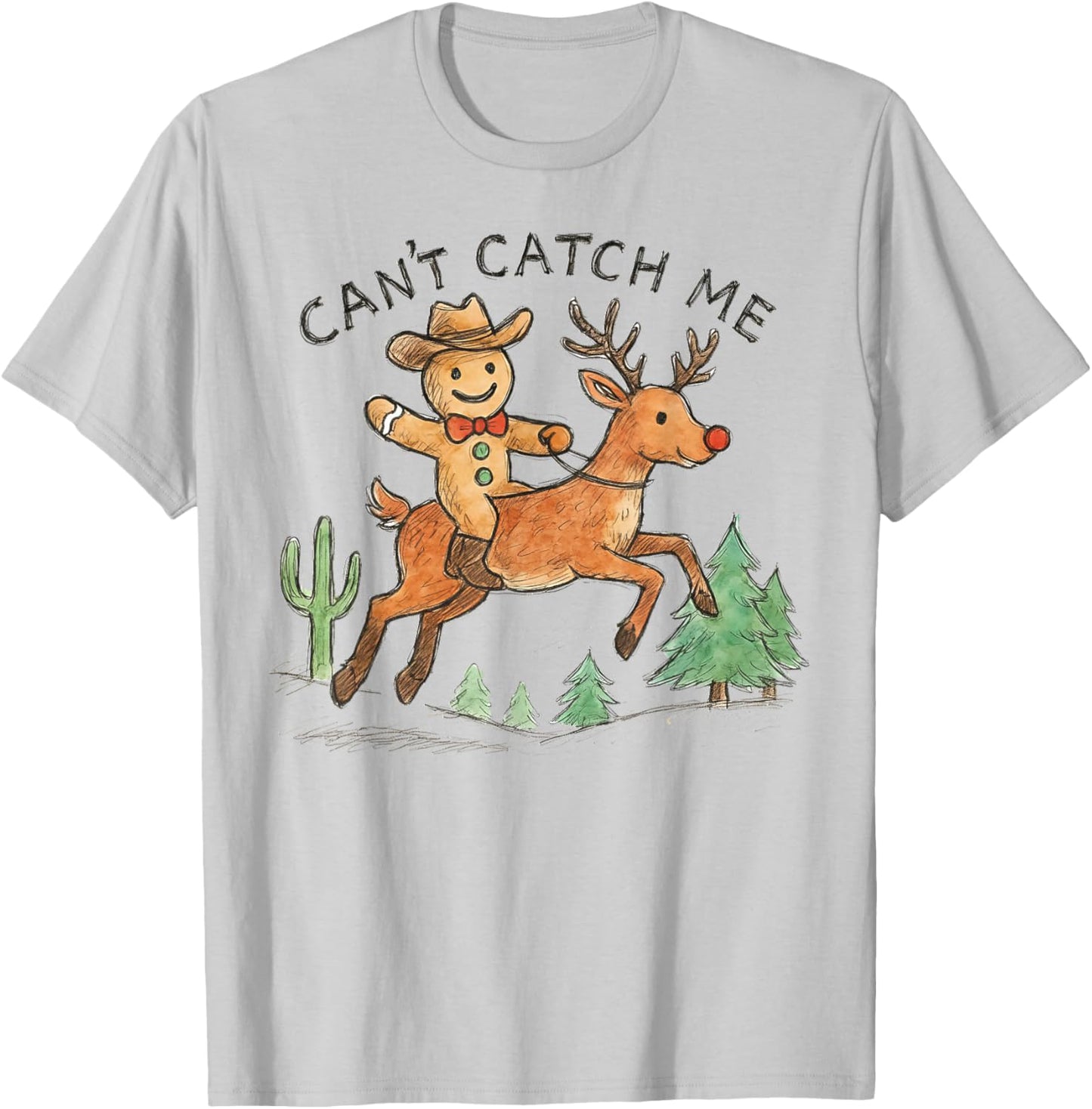 Can't Catch Me Cowboy Gingerbread Man Christmas T-Shirt - T-Shirt | Ash