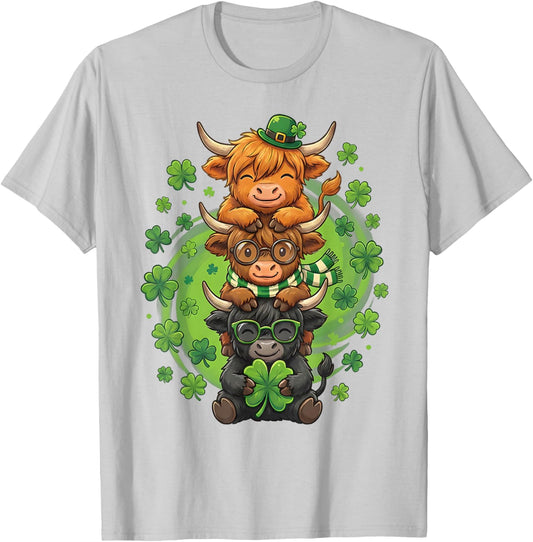 Cute Highland Cow Lucky Shamrock St Patrick's Day Party T-Shirt - T-Shirt | Ash