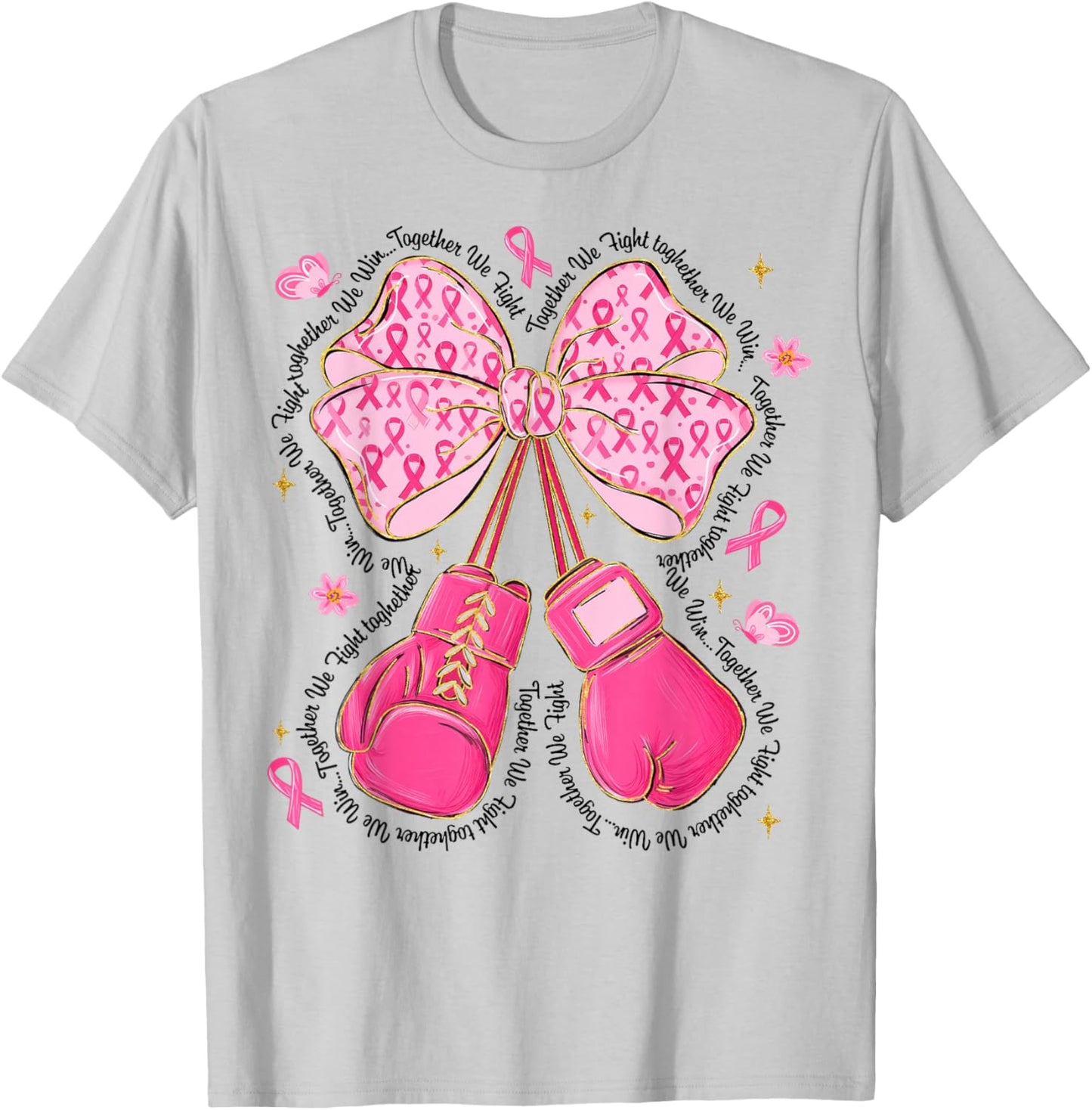 Pink Bow Boxing Gloves Breast Cancer Awareness Fighter T-Shirt - T-Shirt | Ash