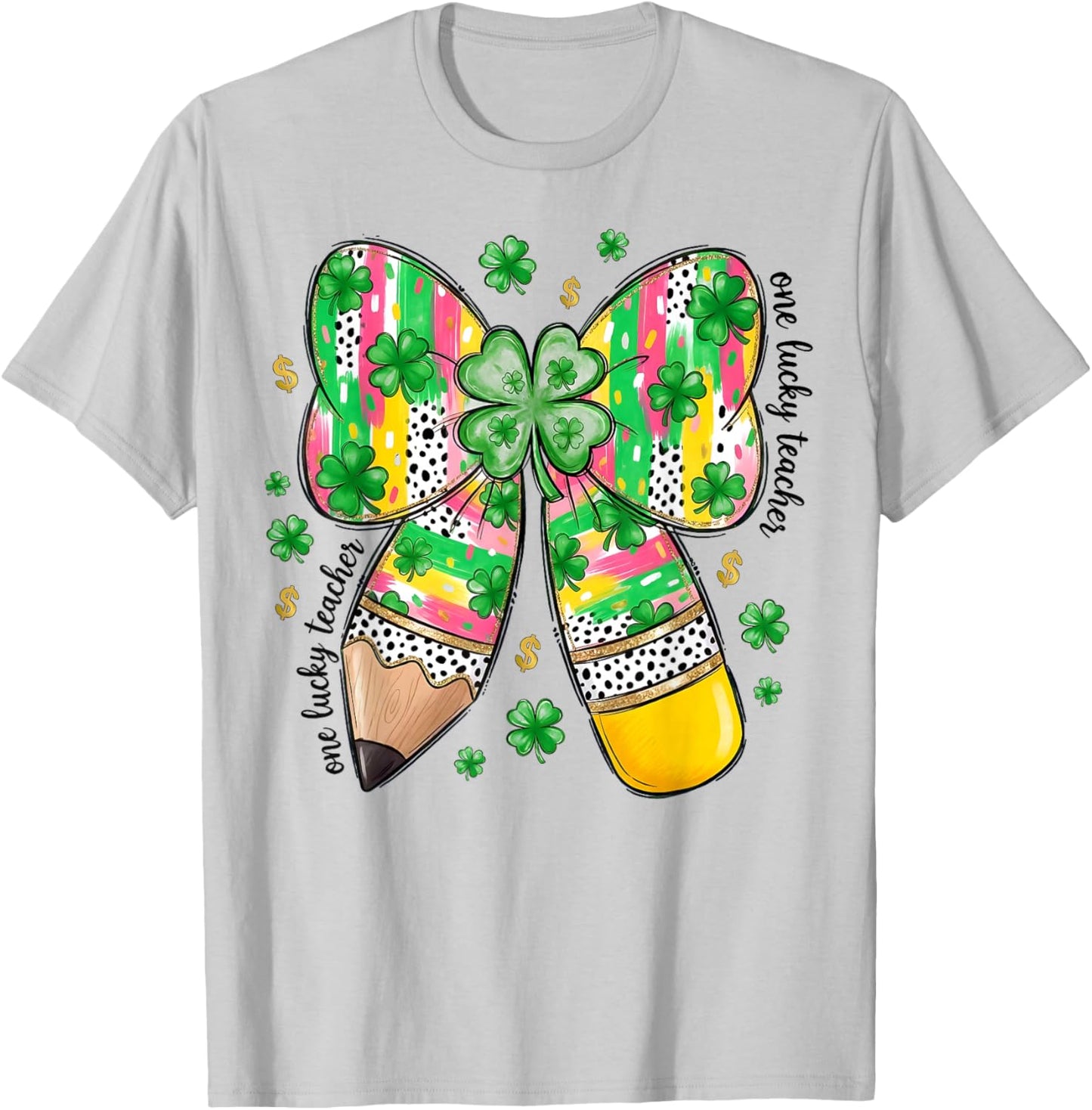 One Lucky Teacher St Patrick's Day Coquette Pencil Shamrock T-Shirt - T-Shirt | Ash