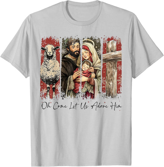 Vintage Oh Come Let Us Adore Him Christian Christmas Holiday T-Shirt - T-Shirt | Ash
