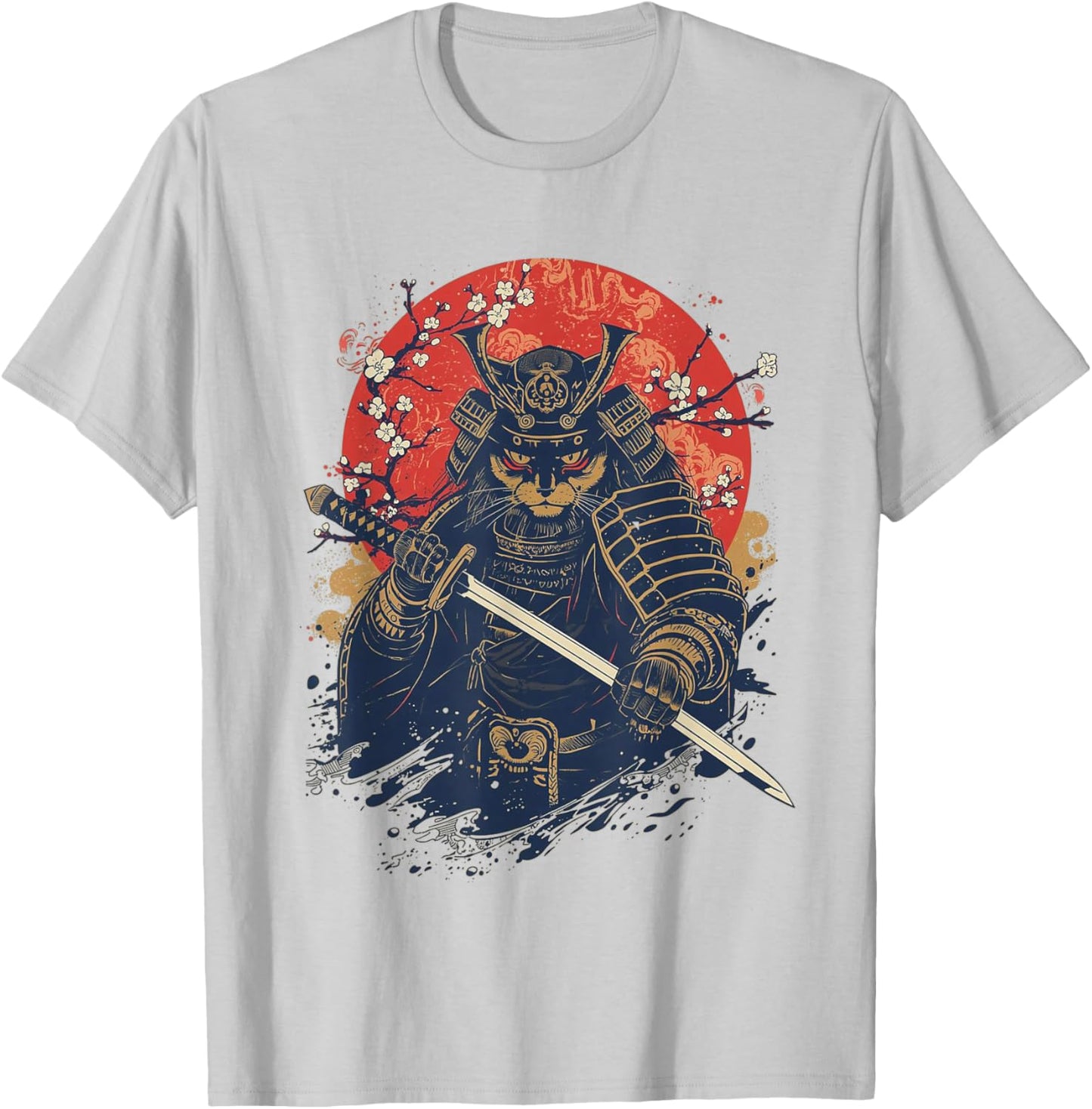 Kawaii Samurai Cat Print Graphic Women T-Shirt - T-Shirt | Ash