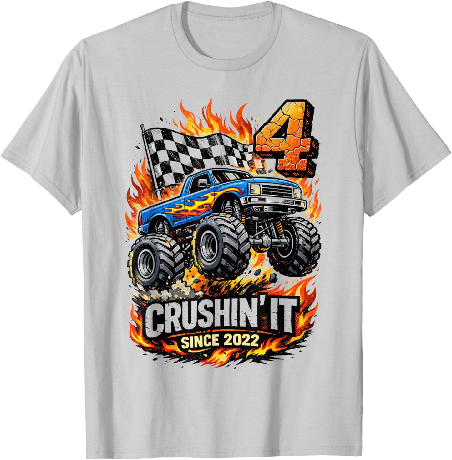 Birthday Monster Truck 4 Year Old Boys 4th Party Born 2022 T-Shirt - T-Shirt | Ash
