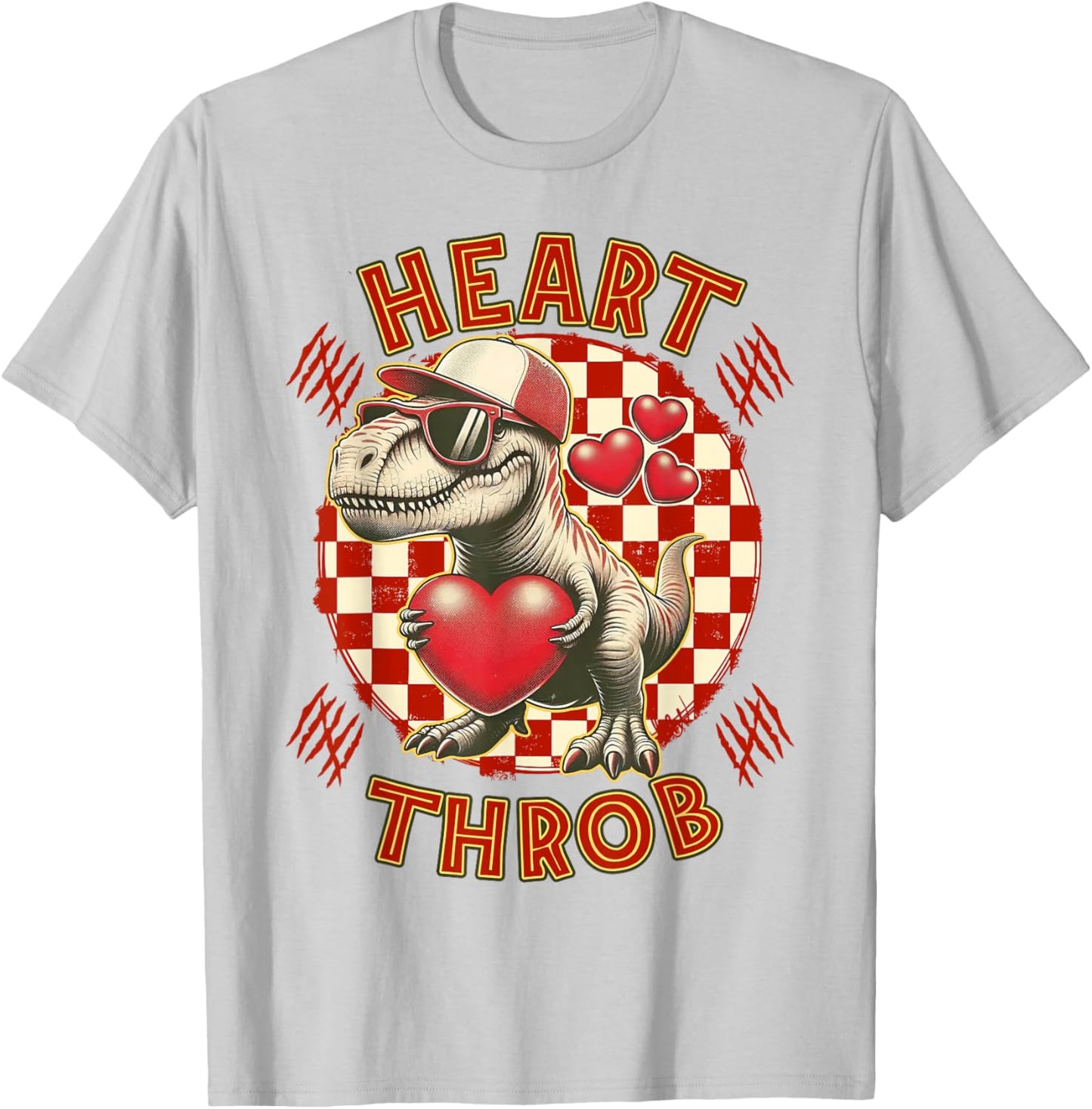 Heart Dinosaur Throb Valentines Day T Rex Checkered Print T-Shirt - T-Shirt | Ash