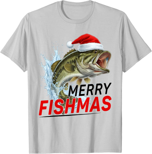 Merry Fishmas Funny Christmas Bass Fisherman Santa Hat T-Shirt - T-Shirt | Ash