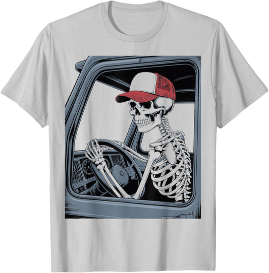 Skeleton Trucker Driving Illustration T-Shirt - T-Shirt | Ash
