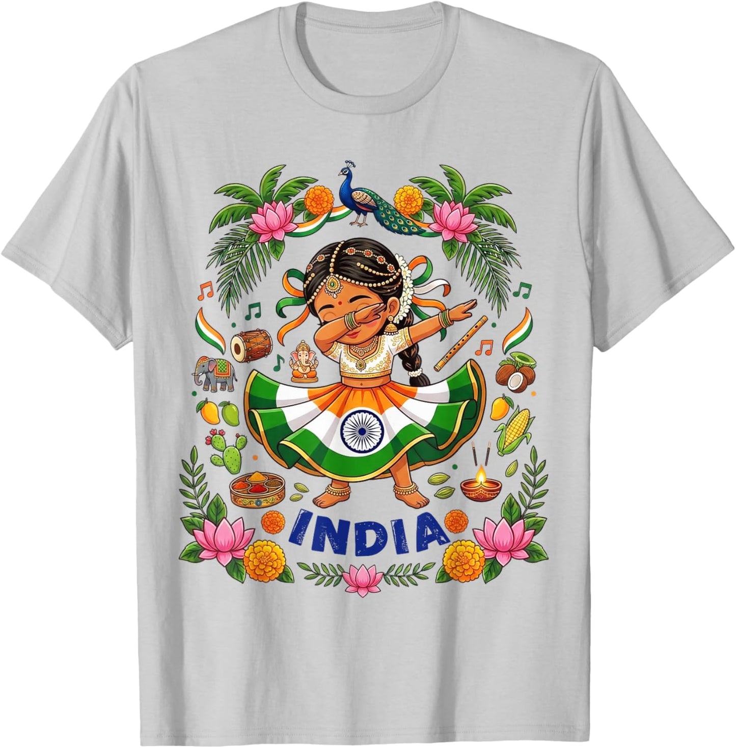 Dabbing India Girl Flag Dress Lotus Flowers Pride Heritage T-Shirt - T-Shirt | Ash