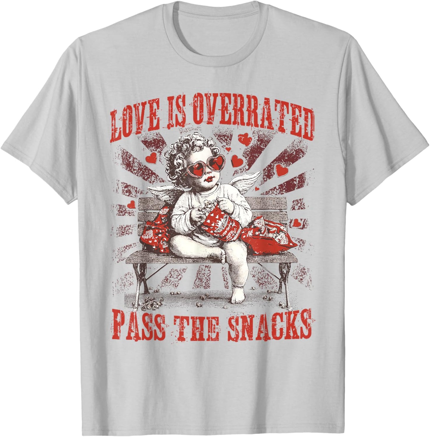 Funny Cupid Love is Overrated Pass The Snacks Anti Valentine T-Shirt - T-Shirt | Ash