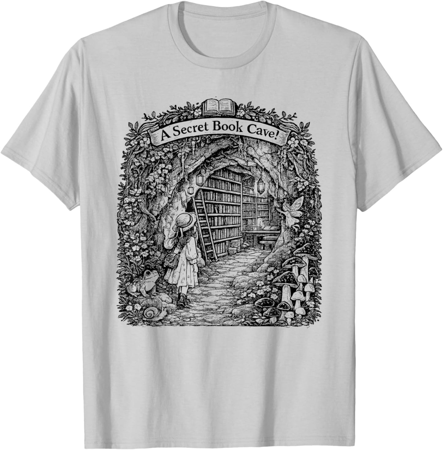 for Bookworm | A Secret Book CAVE | Frog Girl Mushroom Books T-Shirt - T-Shirt | Ash