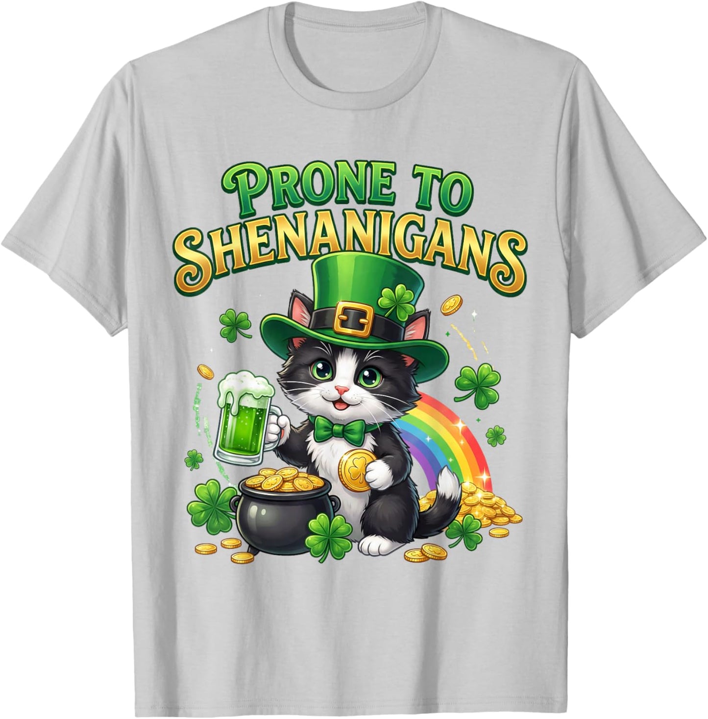 Tuxedo Cat Saint Patrick's Day Prone to Shenanigans T-Shirt - T-Shirt | Ash