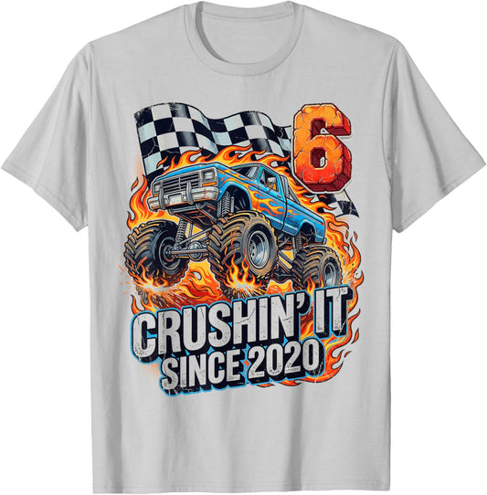 Birthday Monster Truck 6 Year Old Boys 6th Party Born 2020 T-Shirt - T-Shirt | Ash