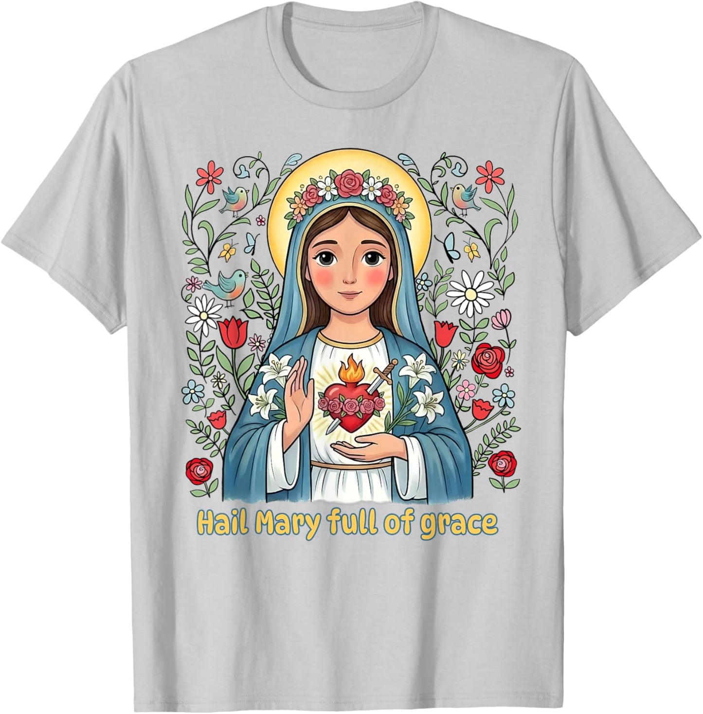 Beautiful Catholic Hail Mary Full of Grace Floral Kids T-Shirt - T-Shirt | Ash
