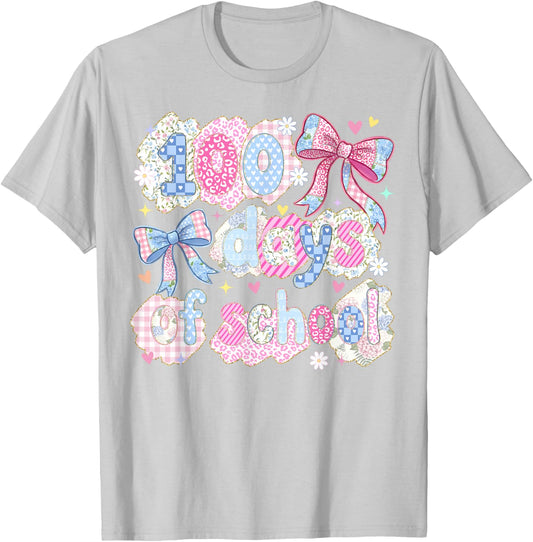 100 Days of School Coquette Bow Girls 100th Day of School T-Shirt - T-Shirt | Ash