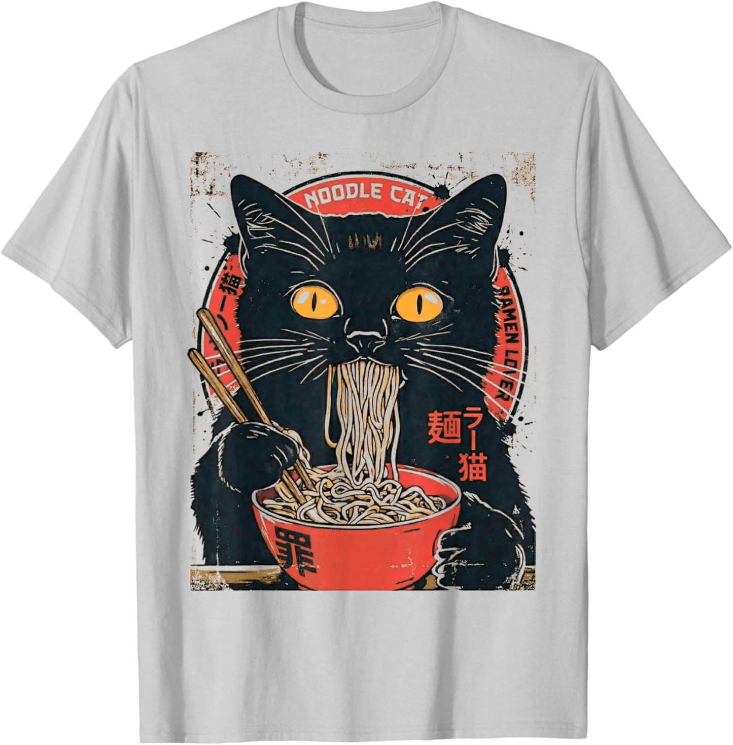 Noodle Cat Ramen Lover Japanese Food Cat Art Design T-Shirt - T-Shirt | Ash