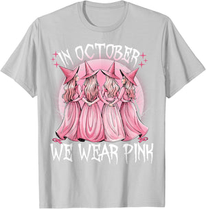 in October We Wear Pink Witch Breast Cancer Awareness Pink T-Shirt - T-Shirt | Ash