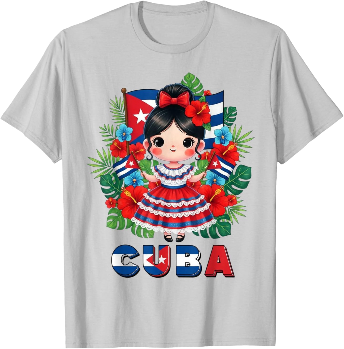 Cute Cuba Cuban Girl Traditional Dress Tropical Flowers T-Shirt - T-Shirt | Ash
