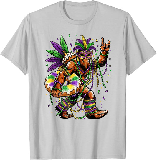 Funny Mardi Gras Bigfoot King Cake Sasquatch Fat Tuesday T-Shirt - T-Shirt | Ash