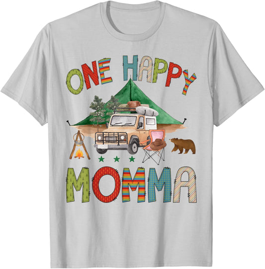 One Happy Momma Camper 1st Birthday Boy Camping Bear T-Shirt - T-Shirt | Ash
