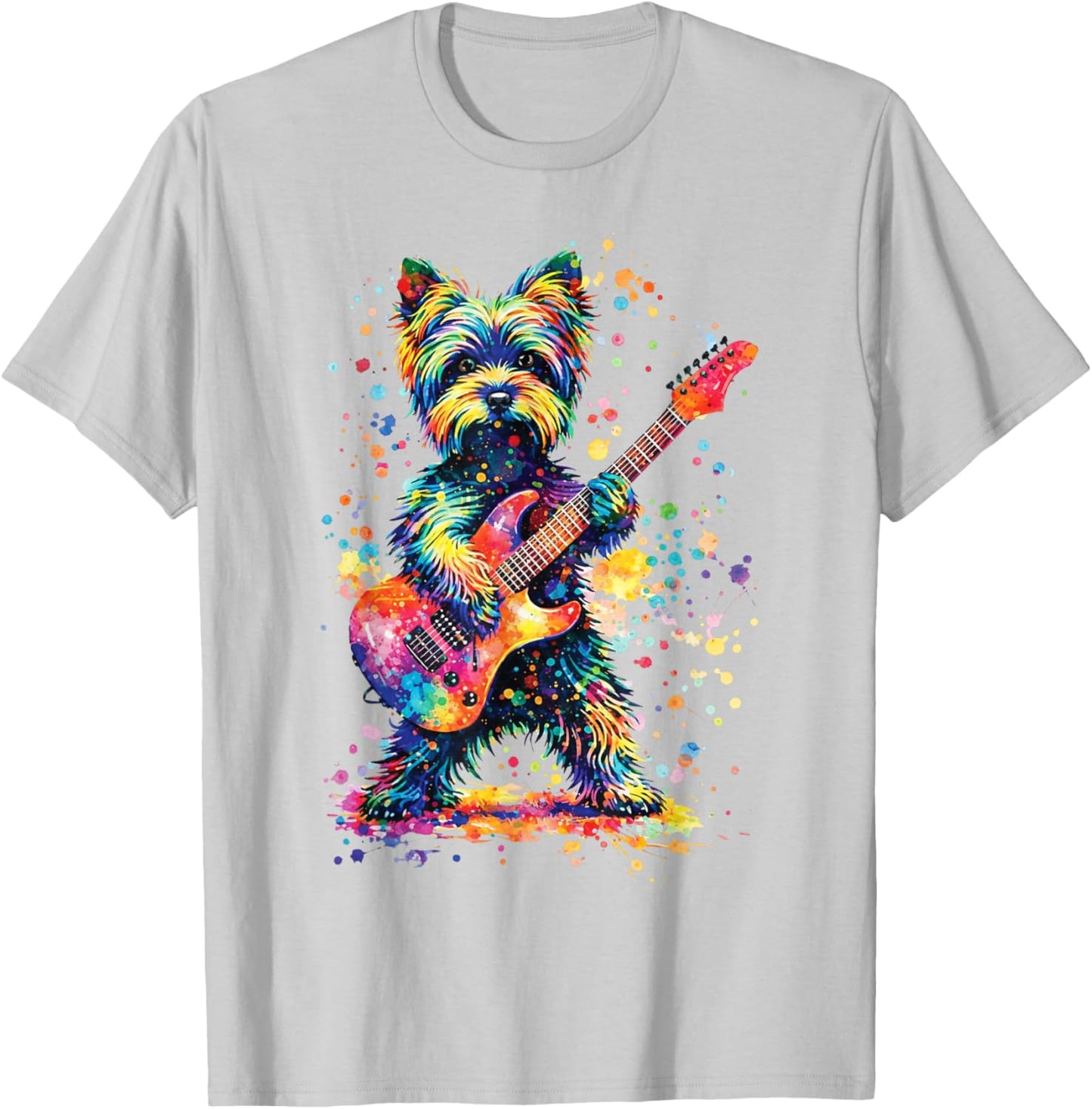 Colorful Yorkie Rock Funny Dog Playing Guitar Rock Style T-Shirt - T-Shirt | Ash