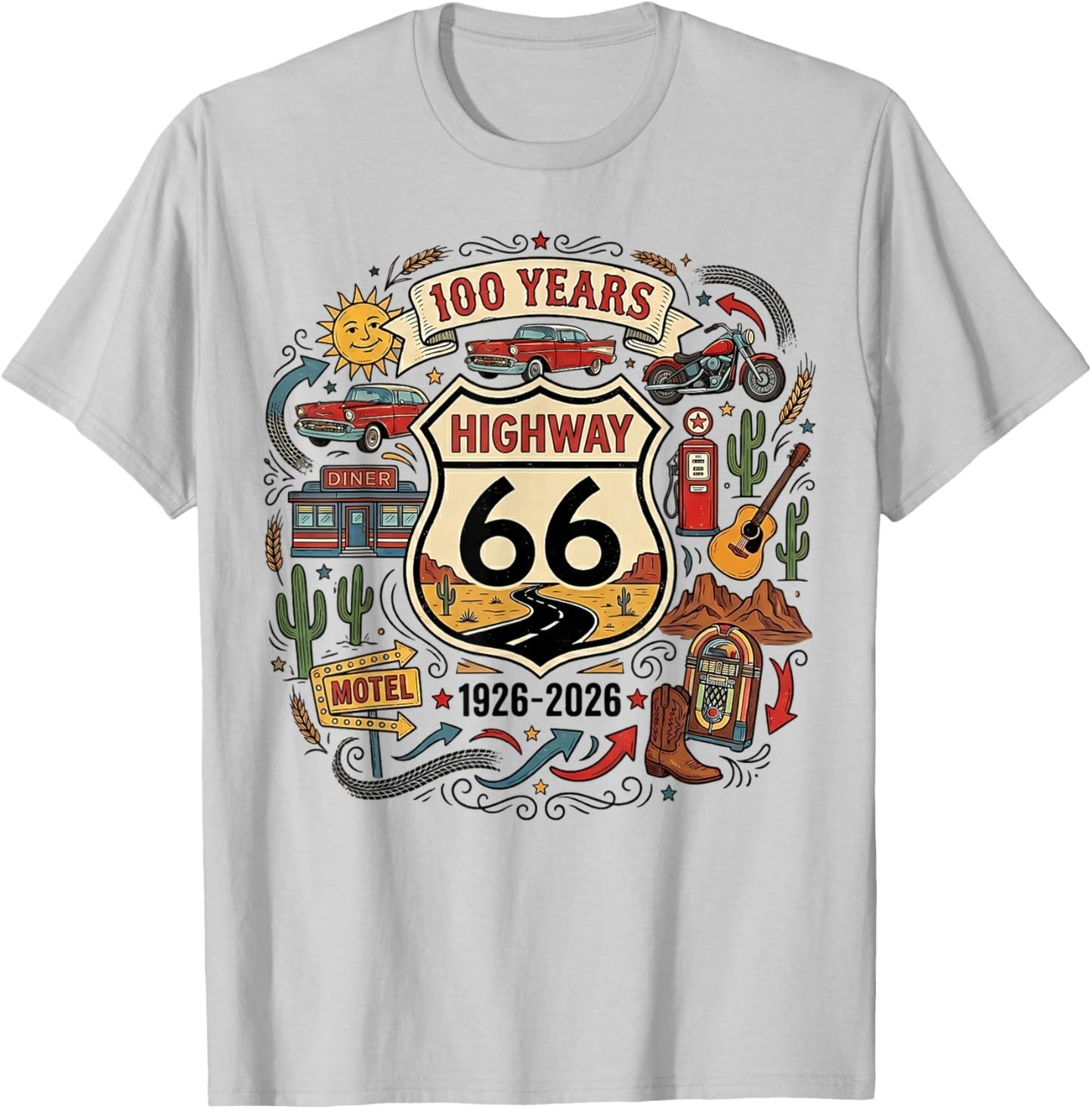 Highway 66 100 Years Centennial 1926-2026 Road Trip Vintage T-Shirt - T-Shirt | Ash