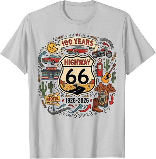 Highway 66 100 Years Centennial 1926-2026 Road Trip Vintage T-Shirt - T-Shirt | Ash