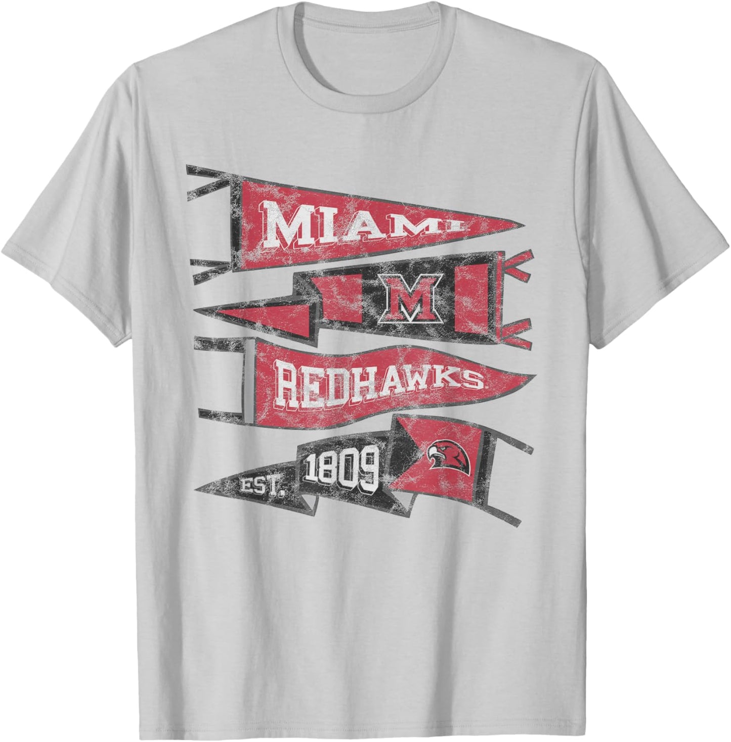 Miami University Ohio Redhawks Distressed Pennants T-Shirt - T-Shirt | Ash