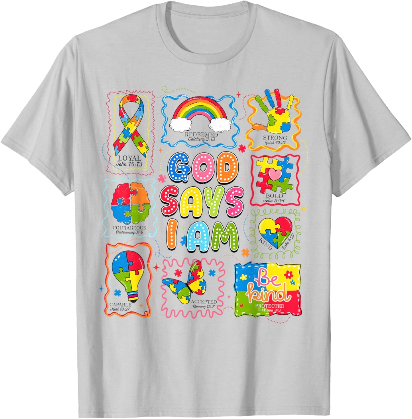God Says I Am Bible Verse Religious Autism Awareness Kids T-Shirt - T-Shirt | Ash