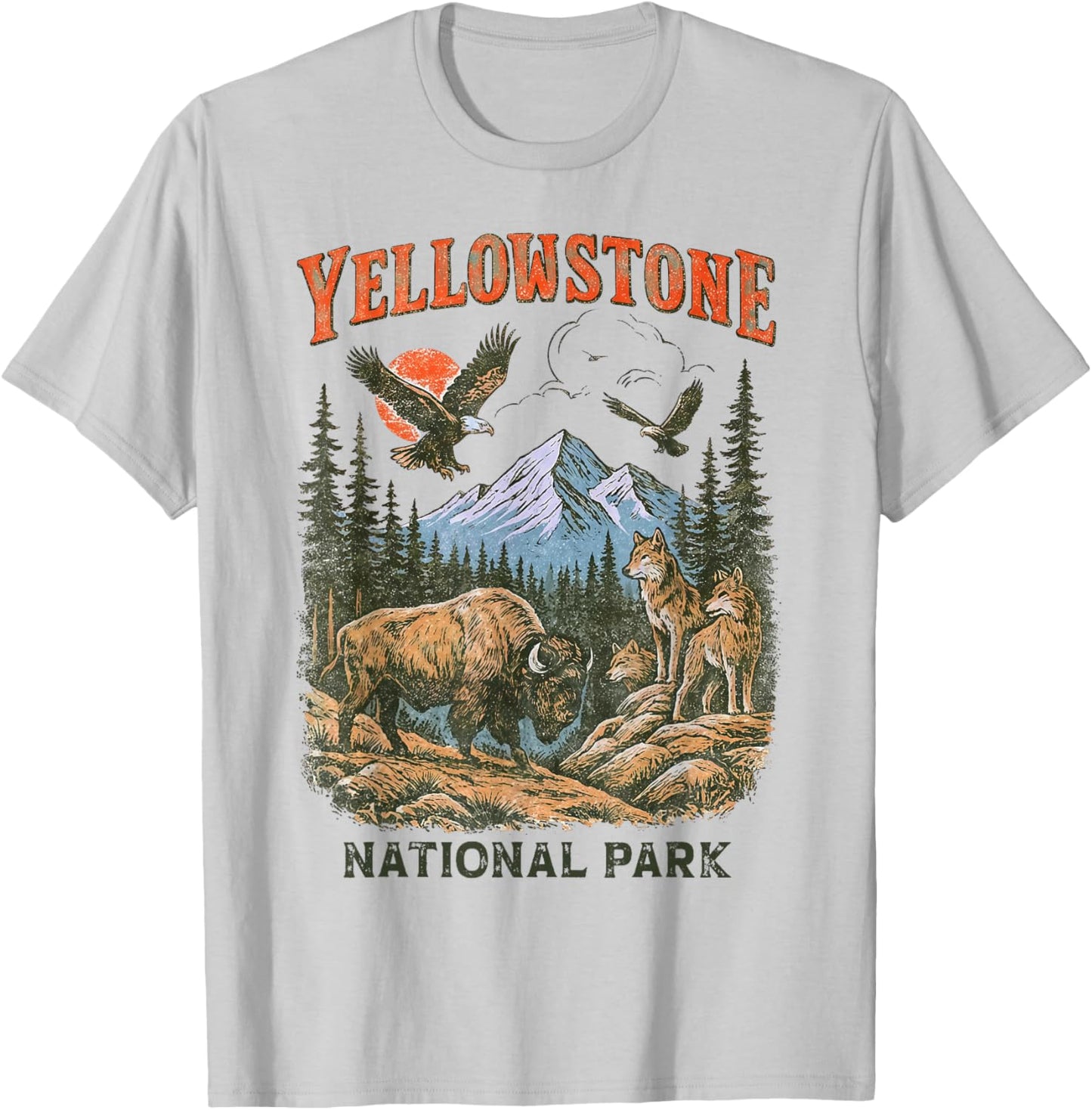 Yellowstone US National Park Wolf Bison Bear Flying Eagles T-Shirt - T-Shirt | Ash