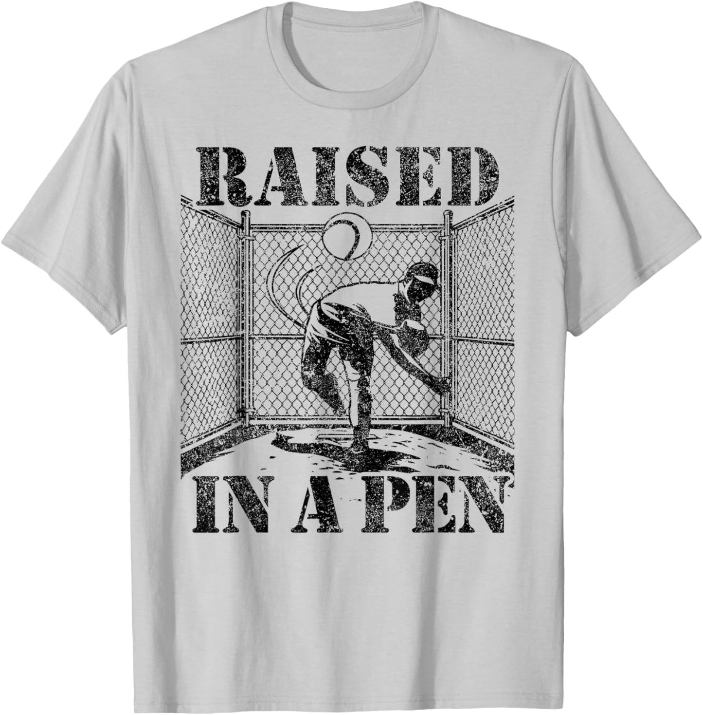 Raised in a Pen Baseball Pitcher Funny Saying Bullpen T-Shirt - T-Shirt | Ash