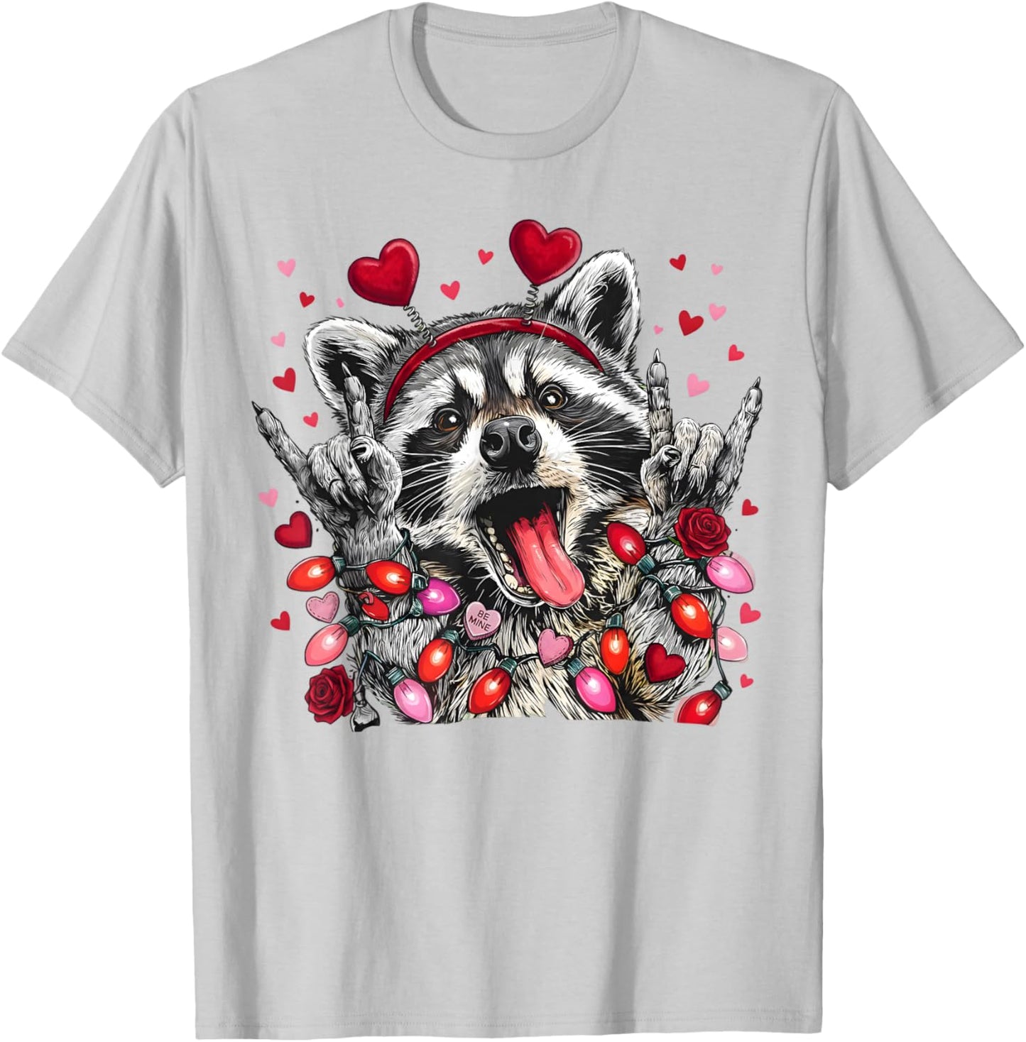 Rock On Hand Sign Racoon Meme Funny Valentines T-Shirt - T-Shirt | Ash