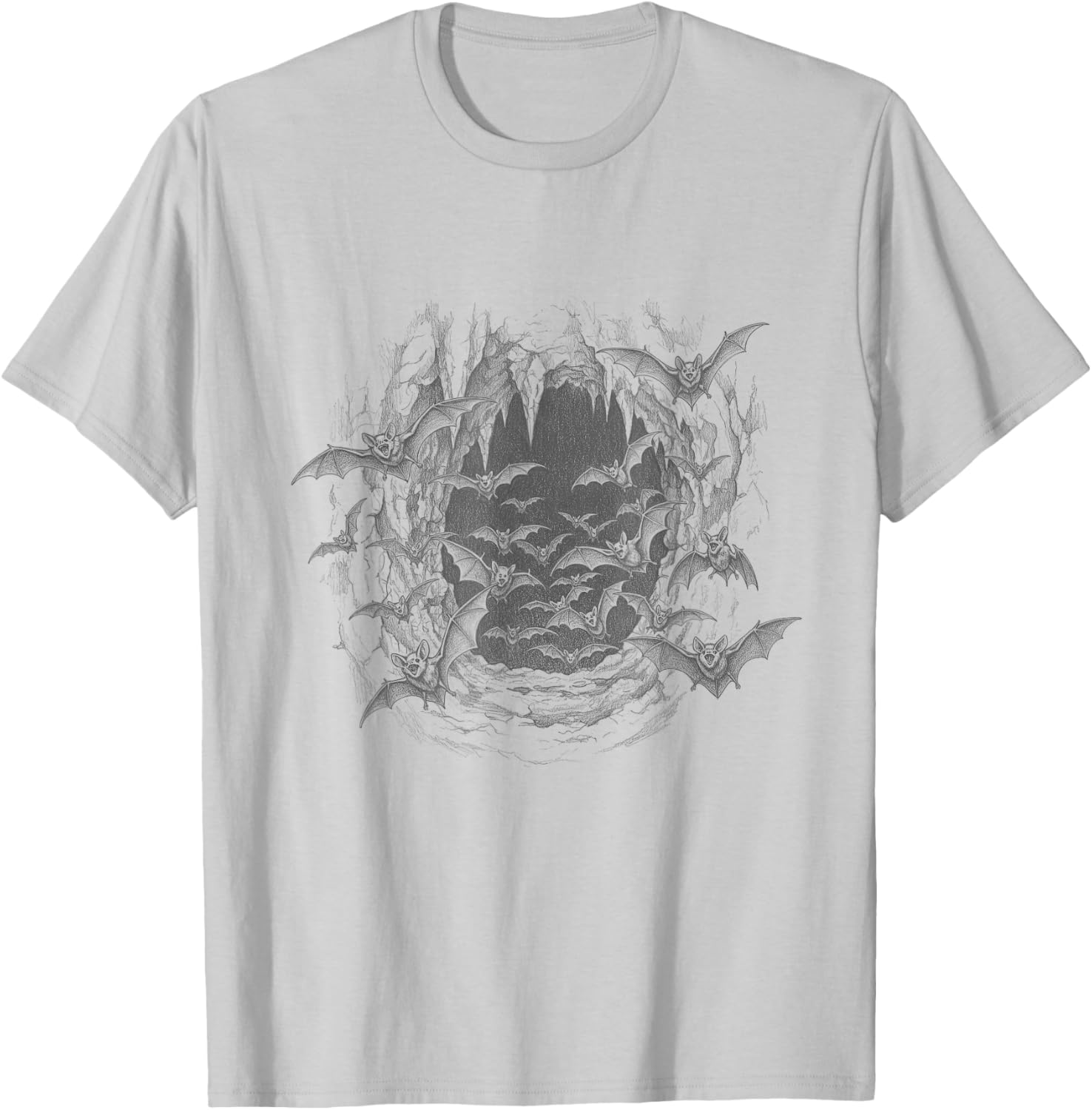 Vintage Vampire Bats Cave Scene Drawing Art Design T-Shirt - T-Shirt | Ash